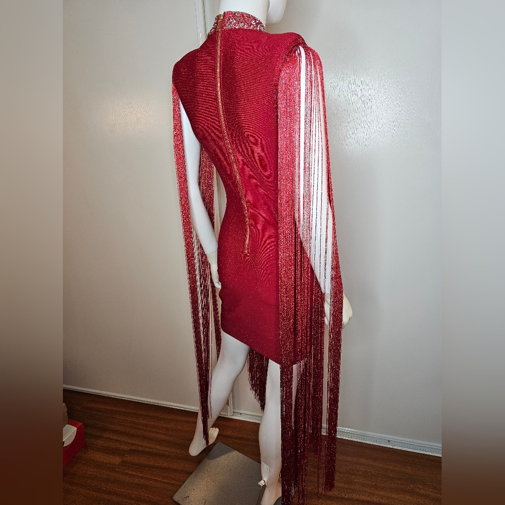 Anewsta Fringe Bodycon Evening Cocktail Dress Size S EU 36 US 4 Deep V Sparkle - Picture 4 of 16